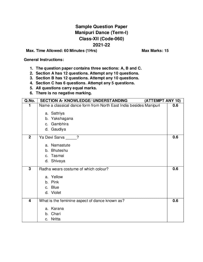 CBSE Class 12 Sample Paper 2022 for Manipuri Term 1 - Page 1