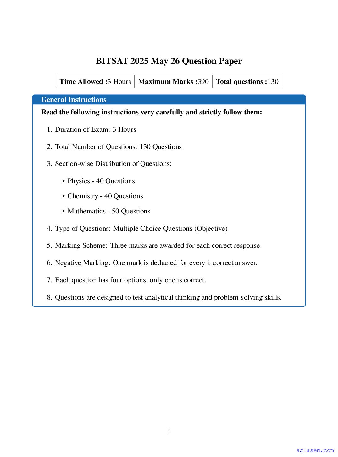 BITSAT 2025 Question Paper - Page 1 of 5