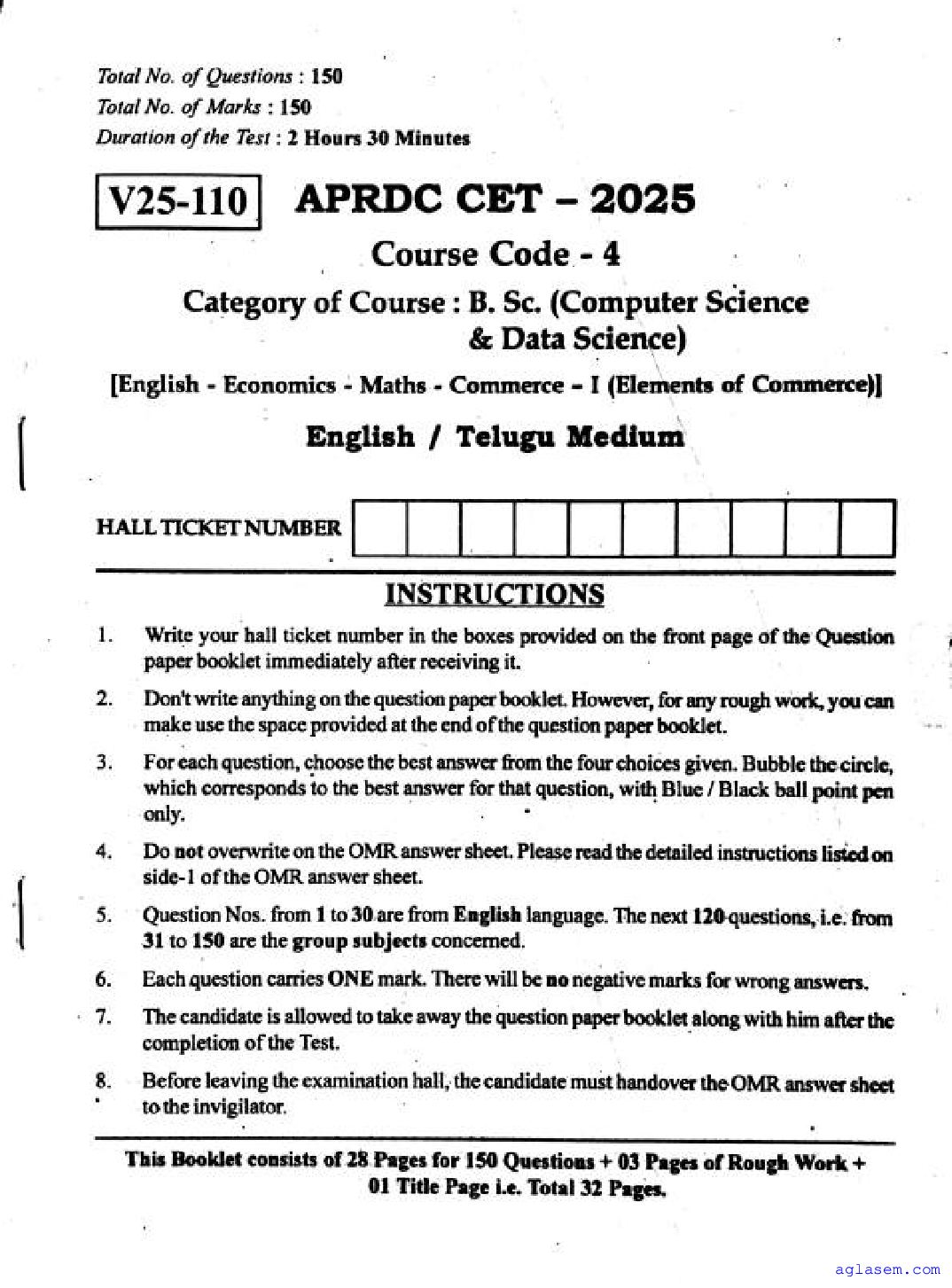 APRDC CET 2025 Question Paper B.Sc Computer Science & Data Science - Page 1 of 29