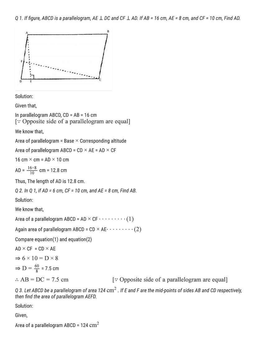 RD Sharma Solutions Class 9 Chapter 15 Area of Parallelograms and Triangles Excercise 15.2 - Page 1