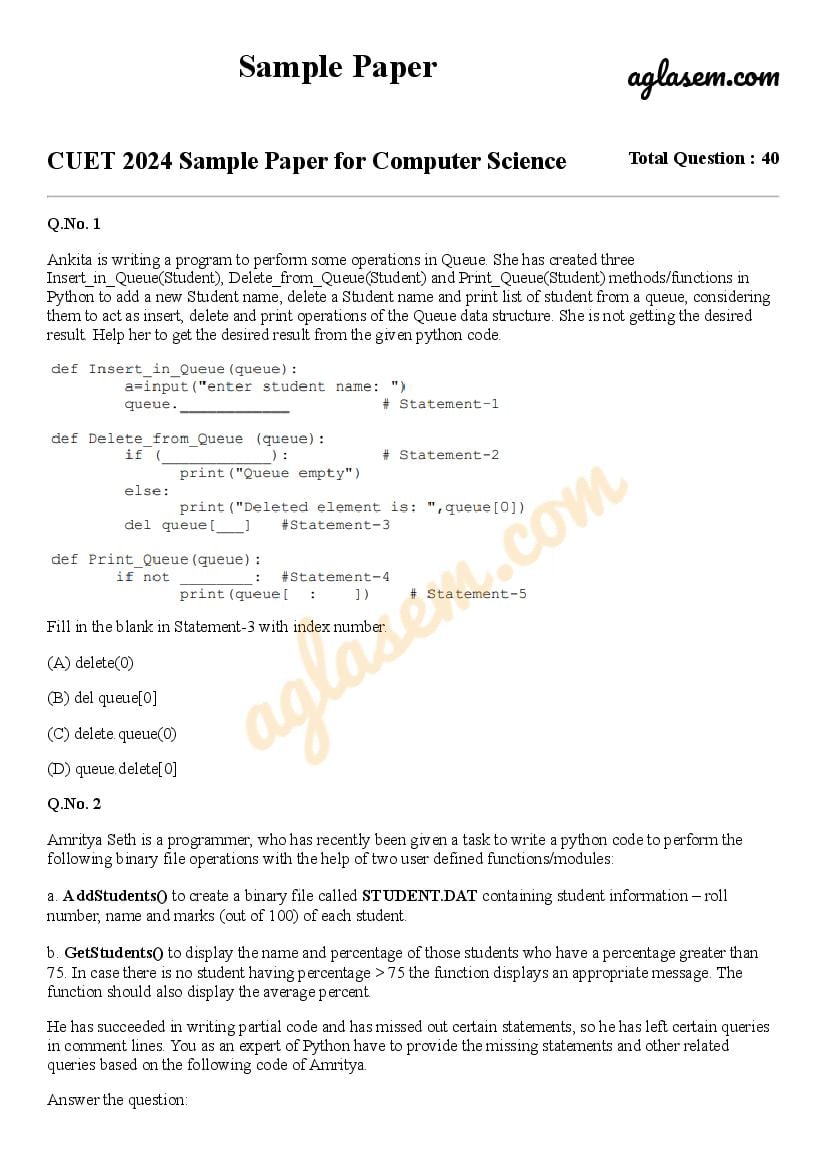 CUET 2024 Sample Paper for Computer Science - Page 1