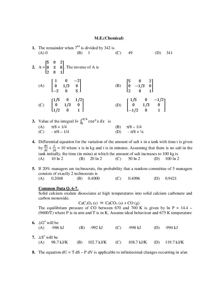 PU CET PG 2019 Question Paper M.E._Chemical_ - Page 1