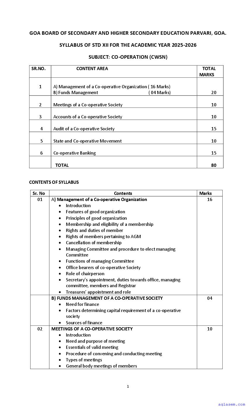 Goa Board Class 12 Sample Paper 2026 Co-operation (CWSN) - Page 1 of 13