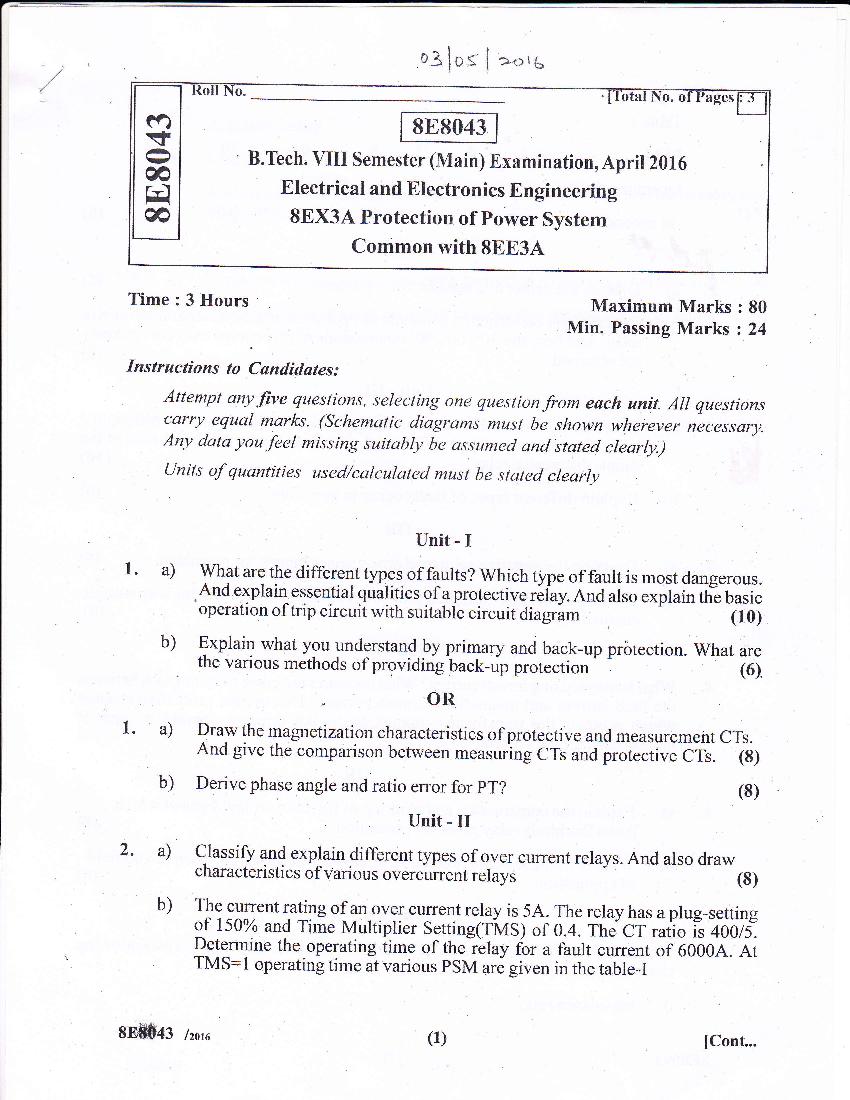 RTU 2016 Question Paper Semester VIII Electrical and Electronics Engineering Protection of Power System - Page 1