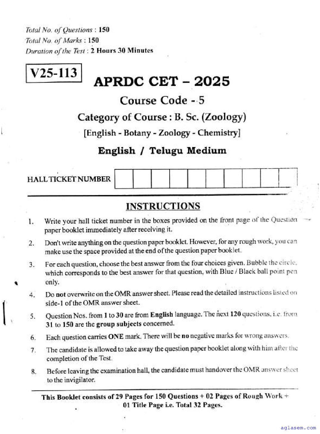 APRDC CET 2025 Question Paper B.Sc Zoology - Page 1 of 30