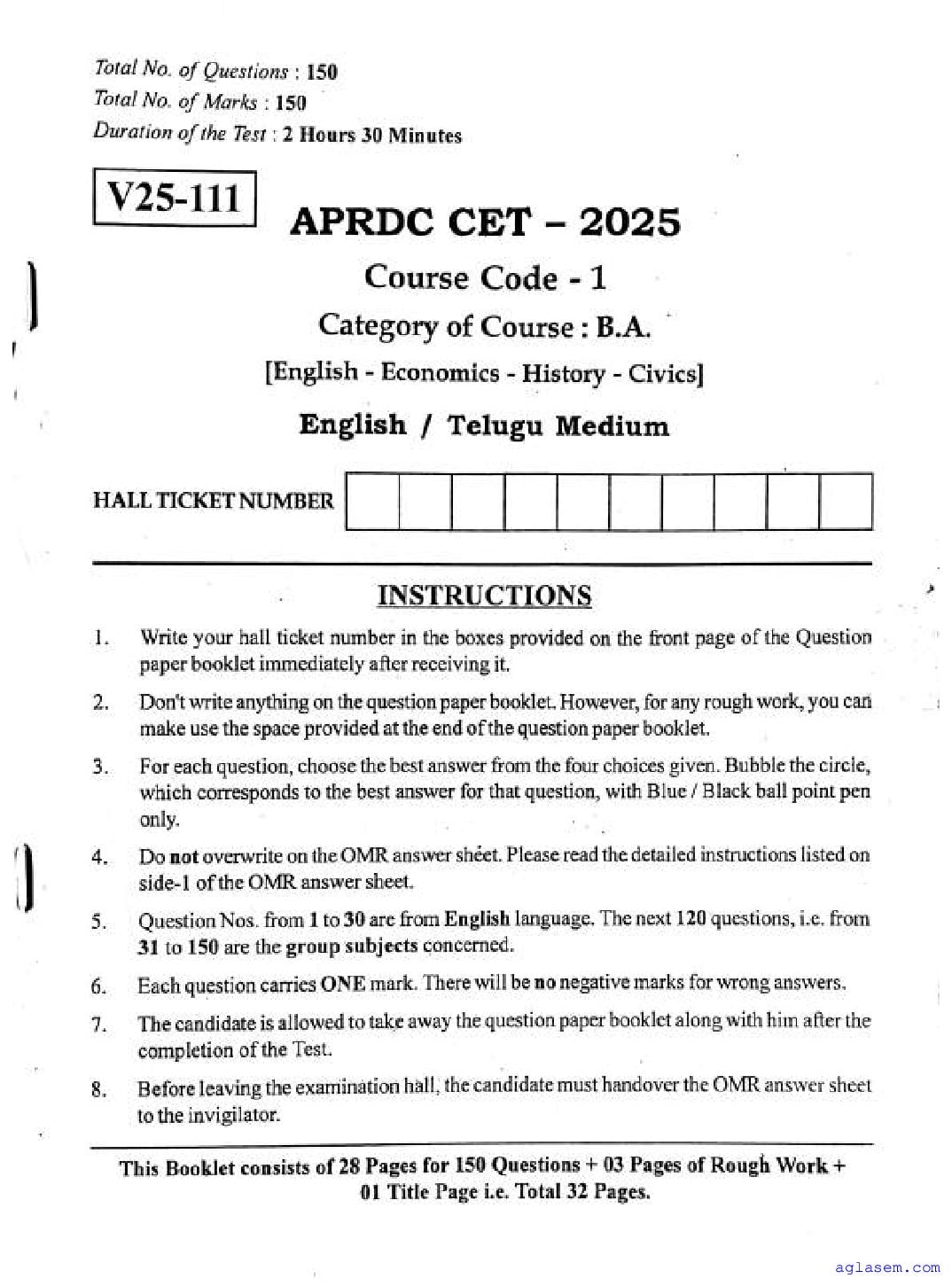 APRDC CET 2025 Question Paper BA - Page 1 of 29