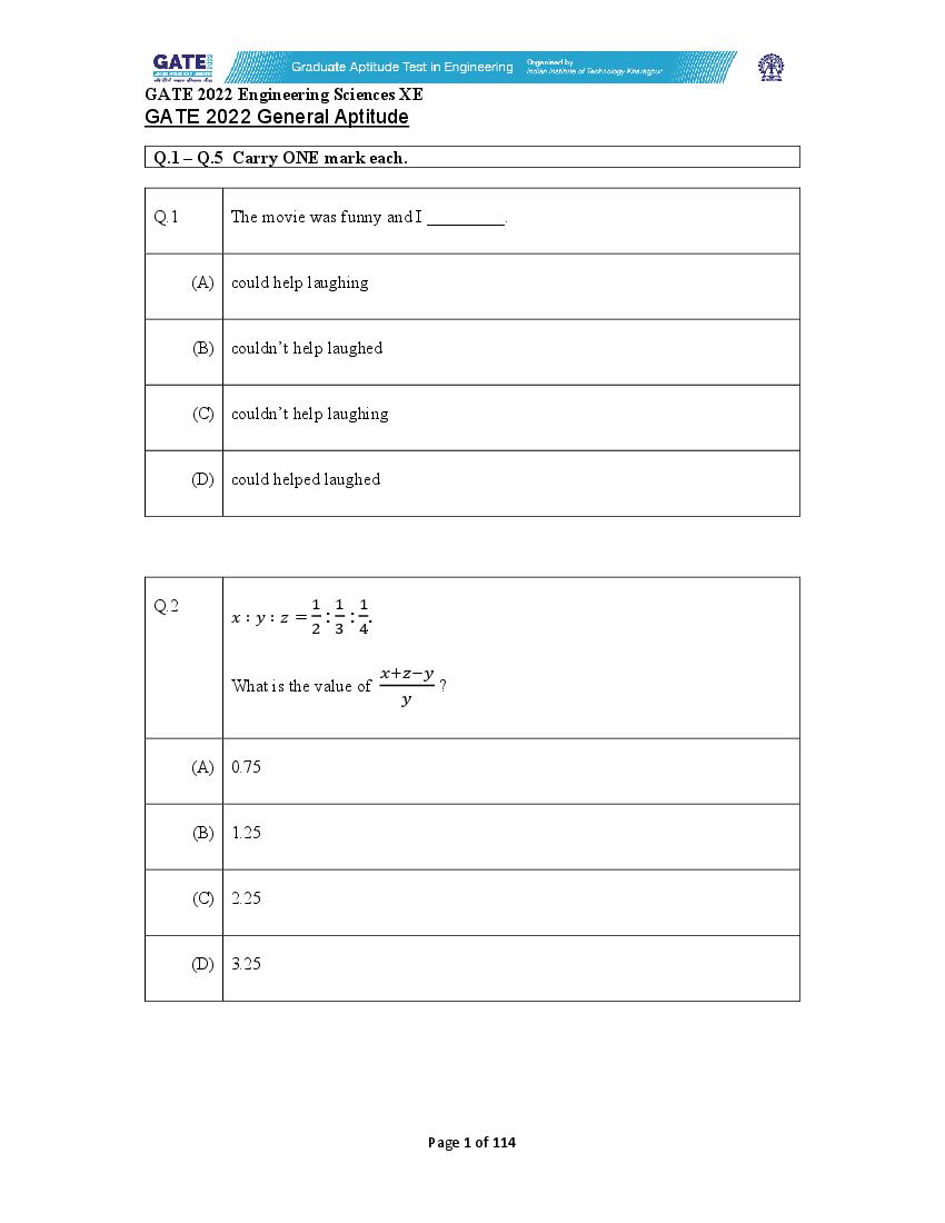 GATE 2022 Question Paper XE Engineering Sciences - Page 1