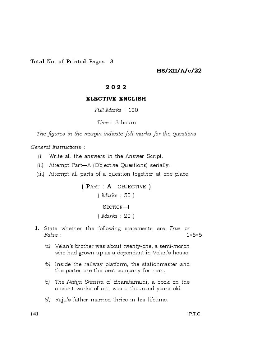 MBOSE Class 12 Question Paper 2022 for English Elective