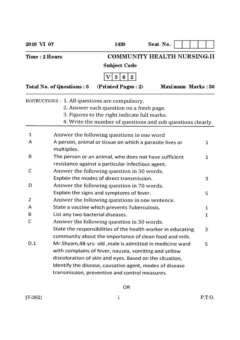 Goa Board Class 12 Question Paper June 2019 Community Health Nursing II - Page 1