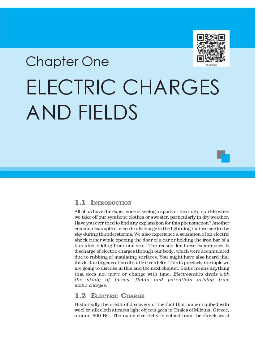 NCERT Book Class 12 Physics Chapter 1 Electric Charges and Fields - Page 1
