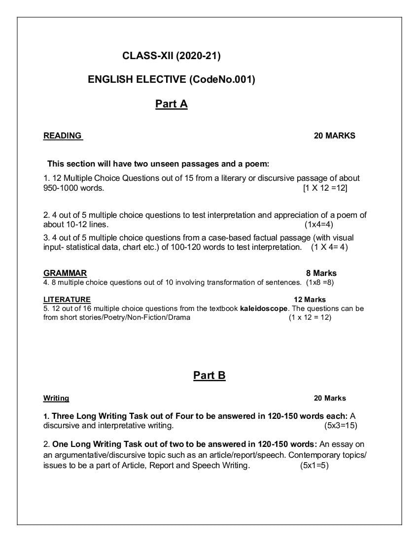 CBSE Class 12 English Elective Syllabus 2020-21 - Page 1