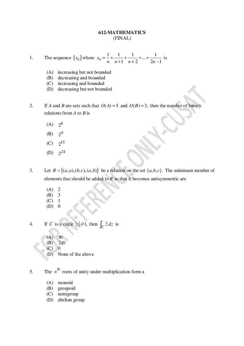 CUSAT CAT 2022 Question Paper Mathematics - Page 1