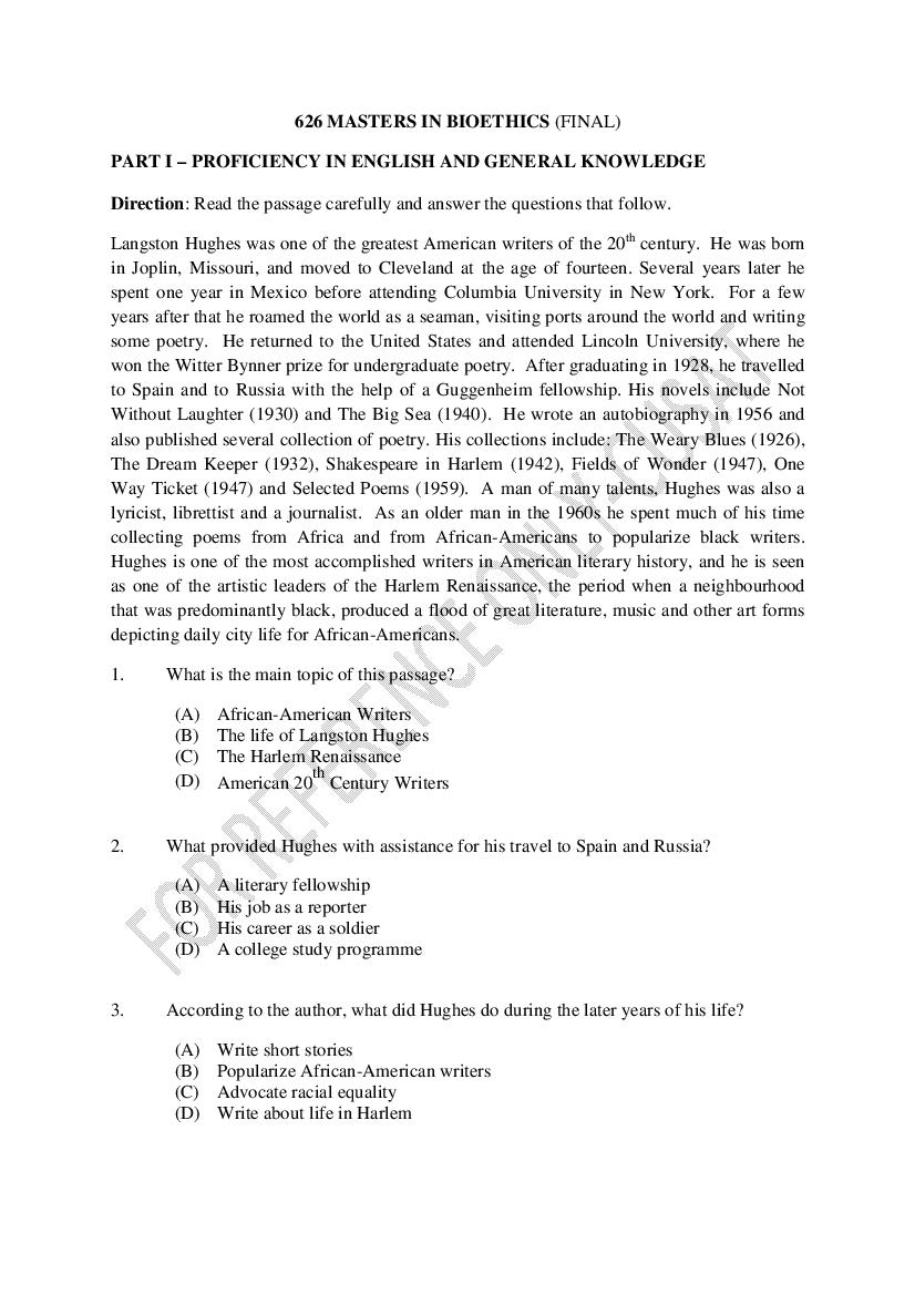 CUSAT CAT 2022 Question Paper Masters In Bioethics - Page 1