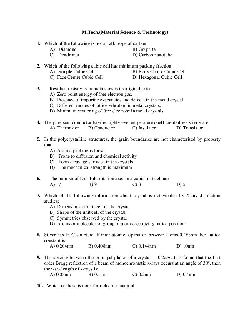 PU CET PG 2019 Question Paper M.Tech._Material Science _ Technology_ - Page 1