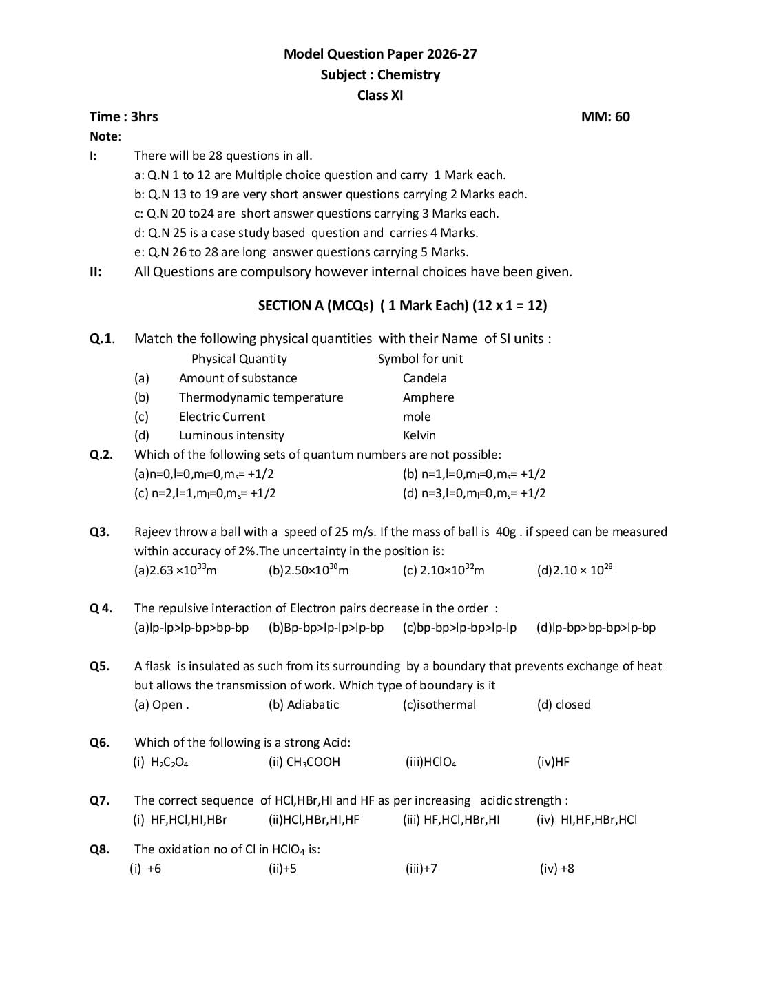 HP Board 11th Class Model Question Paper 2027 Chemistry - Page 1 of 7