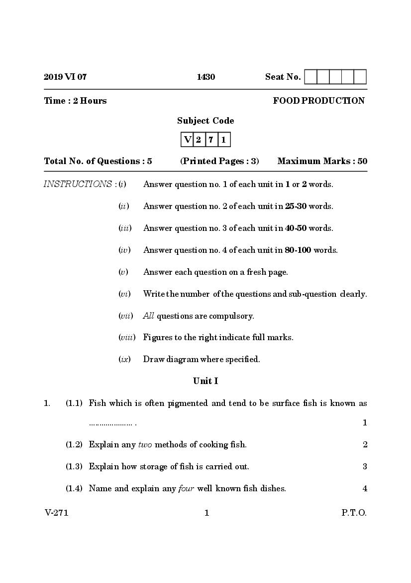 Goa Board Class 12 Question Paper June 2019 Food Production - Page 1