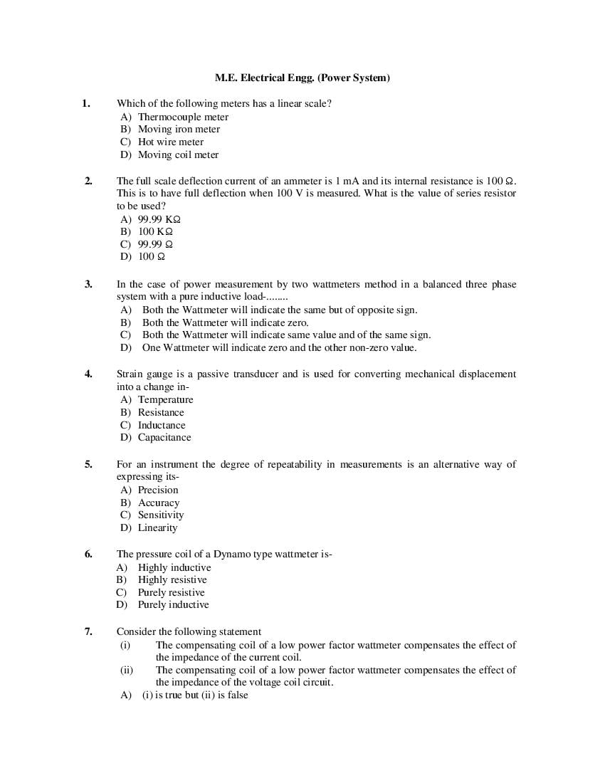 PU CET PG 2019 Question Paper M.E. Electrical Engg. _Power System_ - Page 1
