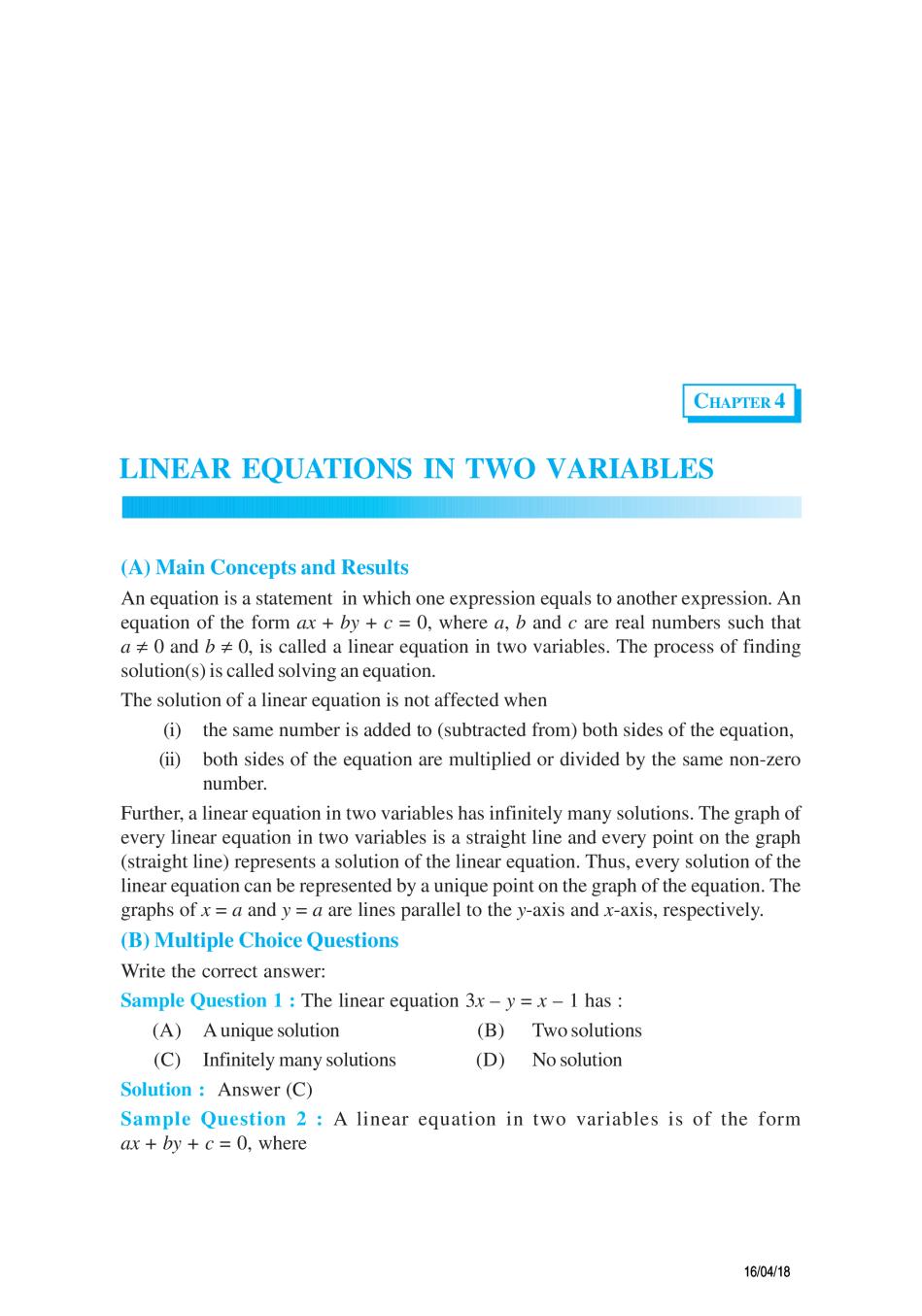 NCERT Exemplar Class 09 Maths Unit 4 Linear Equation In Two Variables - Page 1