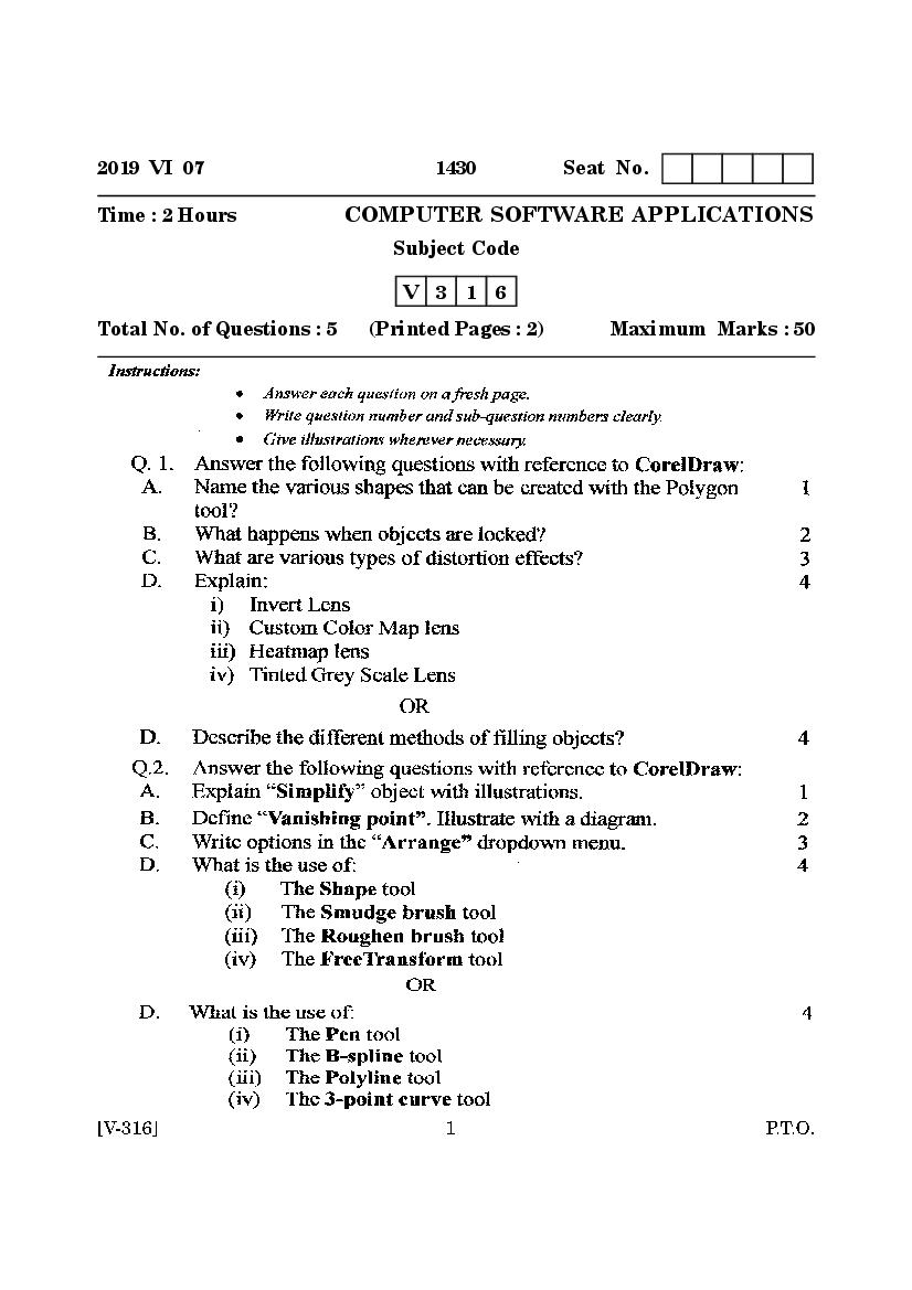 Goa Board Class 12 Question Paper June 2019 Computer Software Applications - Page 1