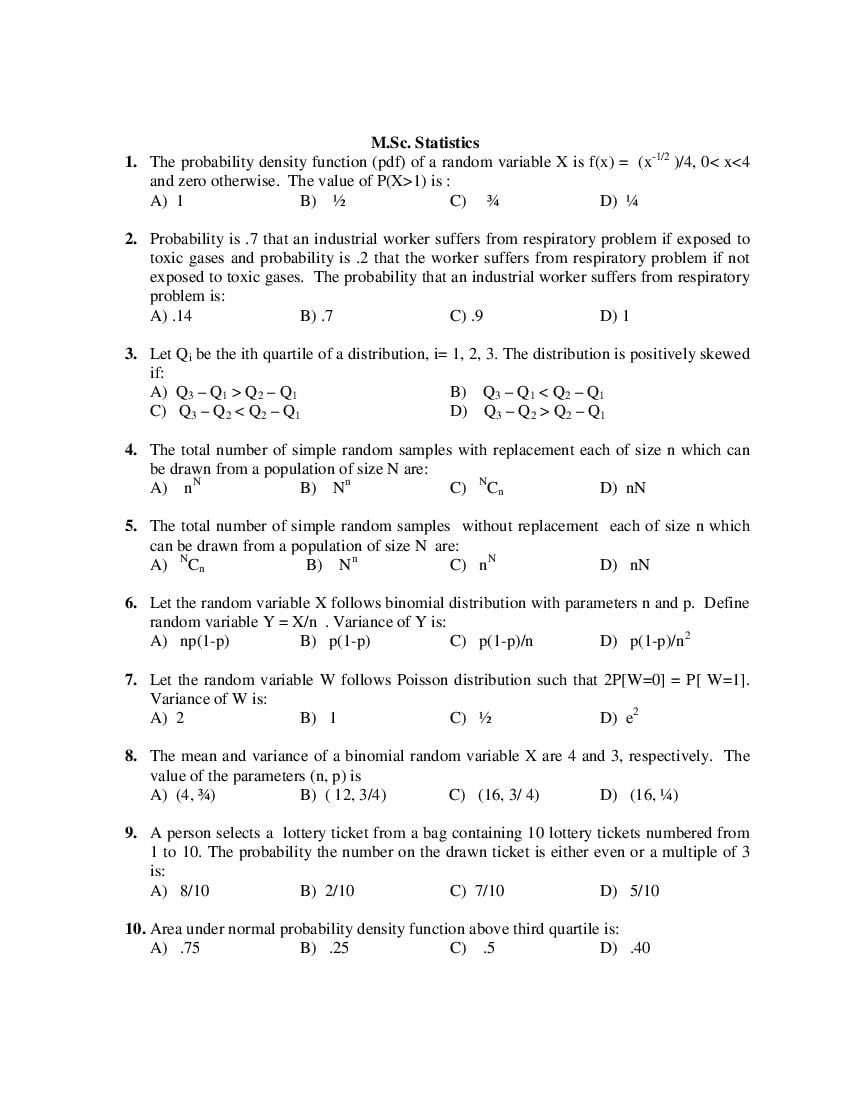 PU CET PG 2019 Question Paper M.Sc. Statistics - Page 1