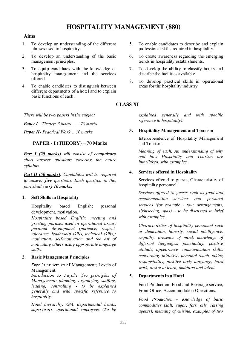 ISC Class 12 Syllabus 2022 Hospitality Management - Page 1