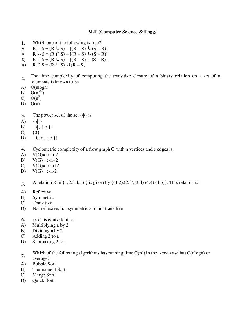 PU CET PG 2019 Question Paper M.E._Computer Science _ Engg._ - Page 1