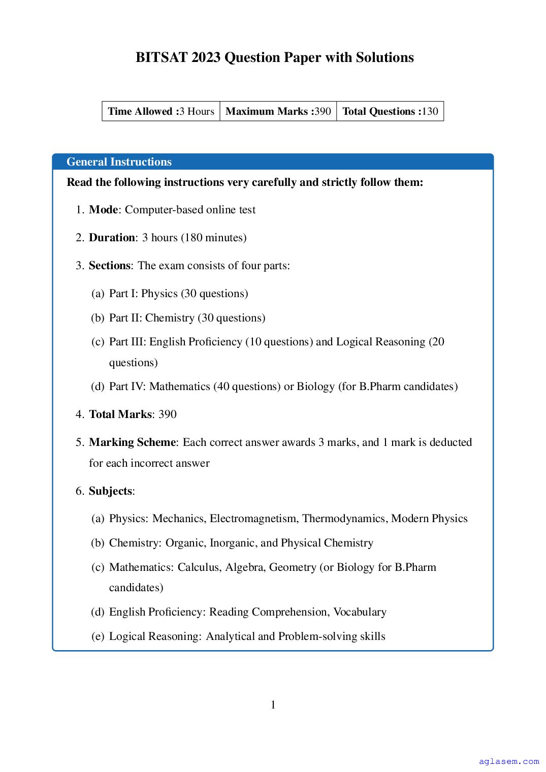 BITSAT 2023 Question Paper - Page 1 of 36