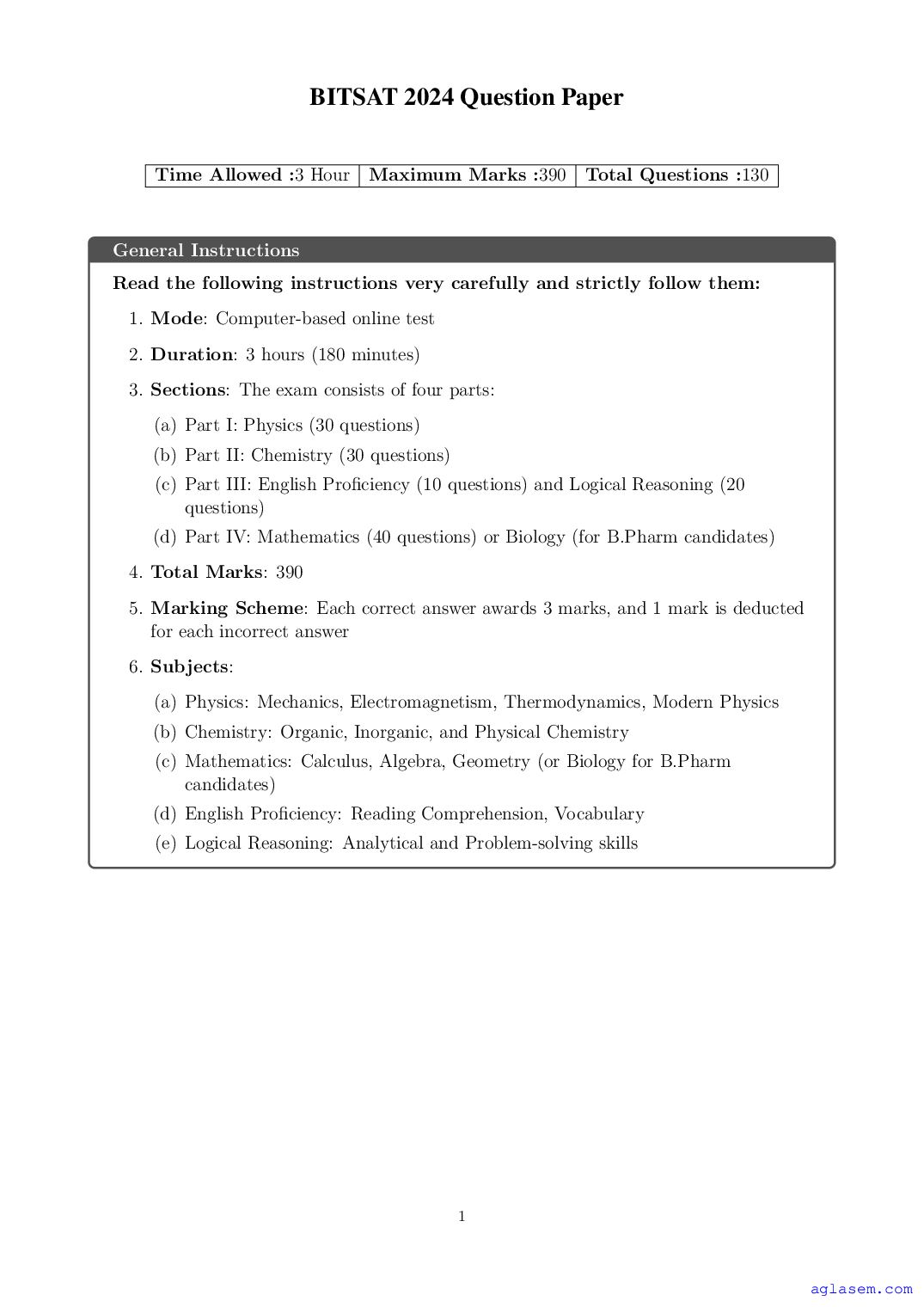 BITSAT 2024 Question Paper - Page 1 of 64