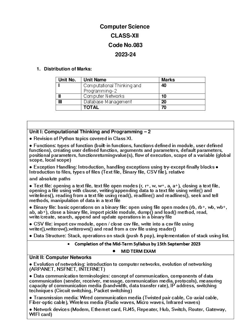 Edudel Syllabus Class 12 Computer Science - Page 1