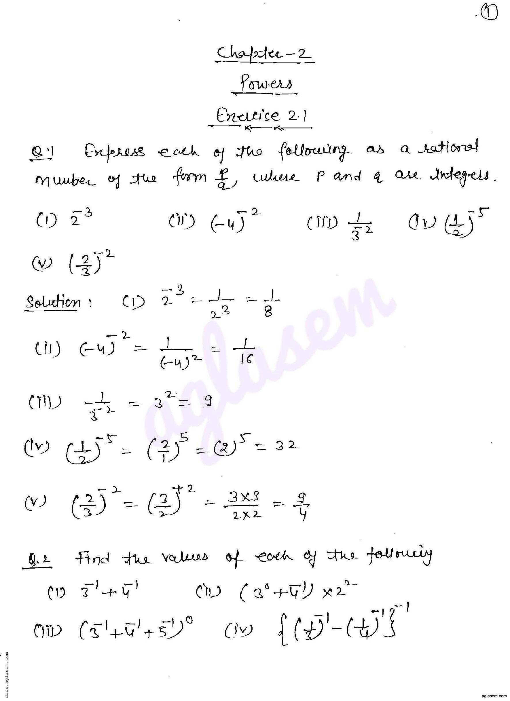 RD Sharma Solutions Class 8 Chapter 2 Powers Exercise 2.1 - Page 1