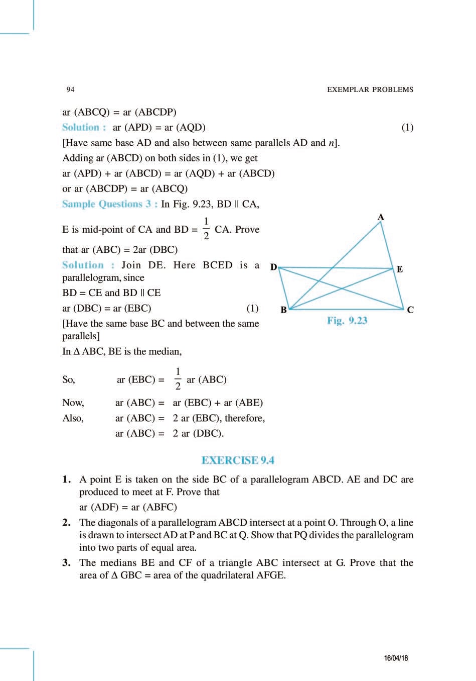 NCERT Exemplar Class 9 Maths Unit 9 Areas of Parallelograms and Triangles