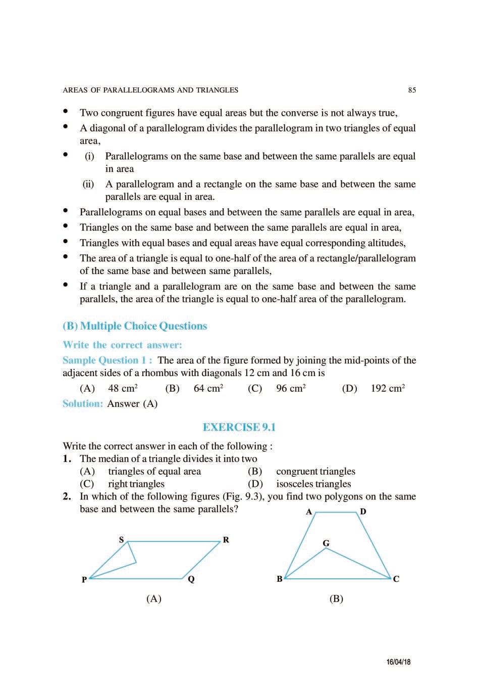 NCERT Exemplar Class 9 Maths Unit 9 Areas of Parallelograms and Triangles