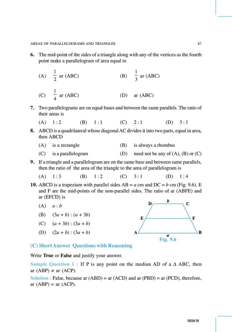 NCERT Exemplar Class 9 Maths Unit 9 Areas of Parallelograms and Triangles