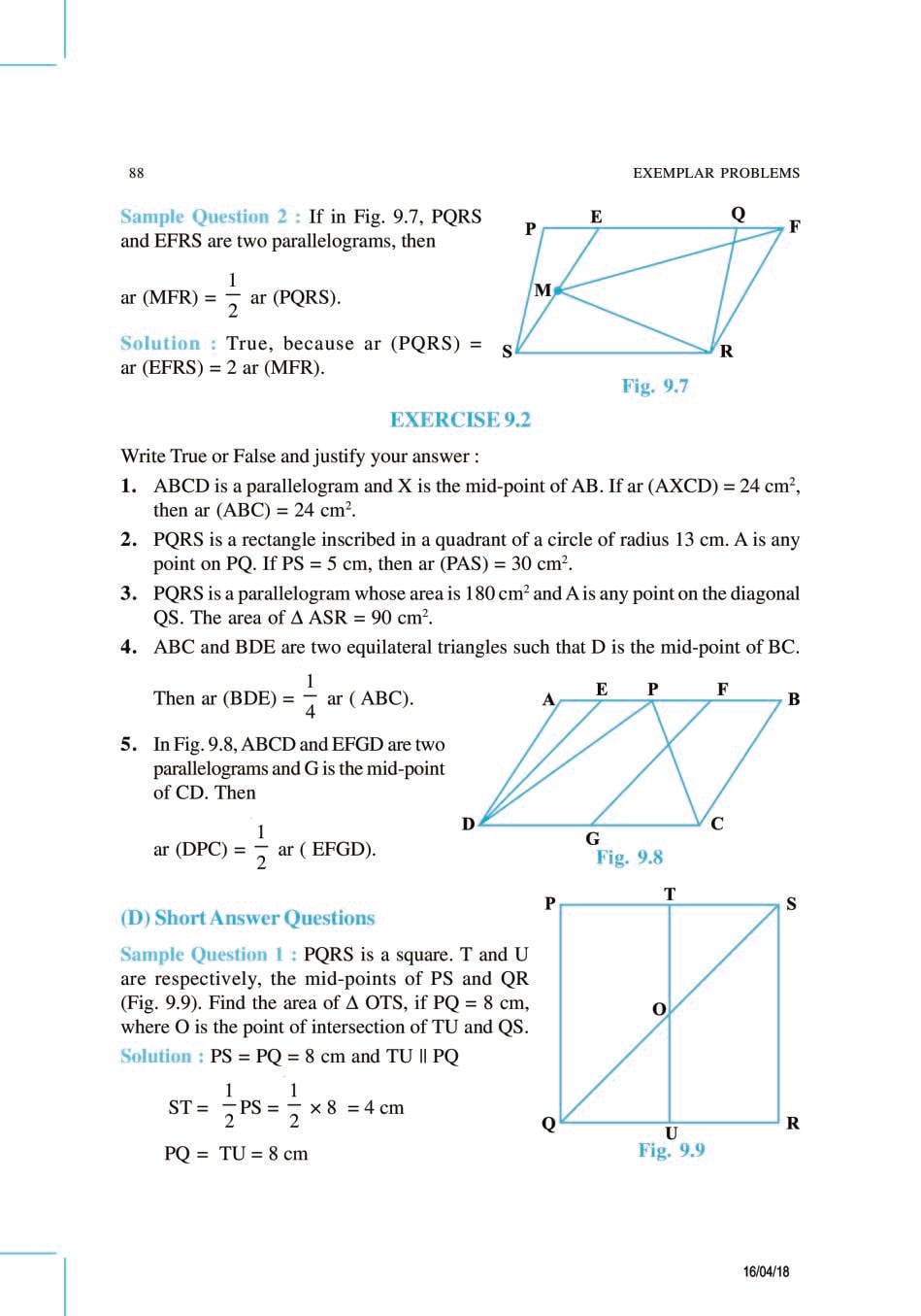 NCERT Exemplar Class 9 Maths Unit 9 Areas of Parallelograms and Triangles