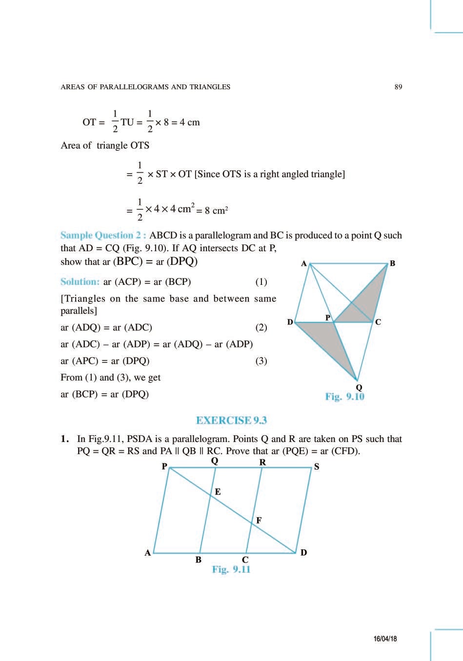 NCERT Exemplar Class 9 Maths Unit 9 Areas of Parallelograms and Triangles