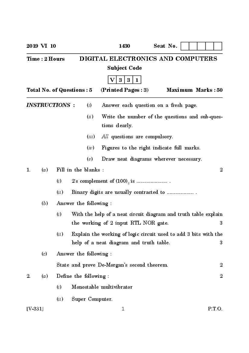 Goa Board Class 12 Question Paper June 2019 Digital Electronics and Computers - Page 1