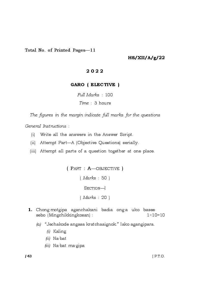 MBOSE Class 12 Question Paper 2022 for Garo Elective - Page 1