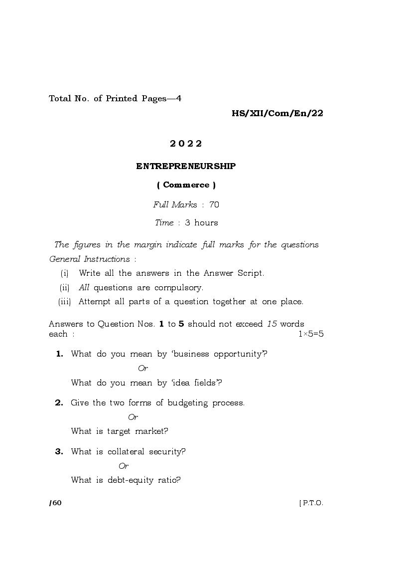 MBOSE Class 12 Question Paper 2022 for Entrepreneurship - Page 1