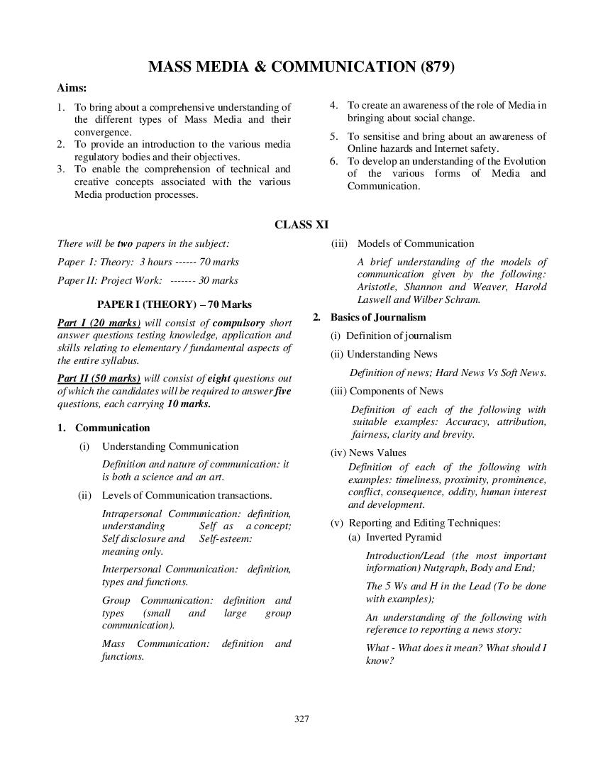 ISC Class 12 Syllabus 2022 Mass Media and Communication - Page 1