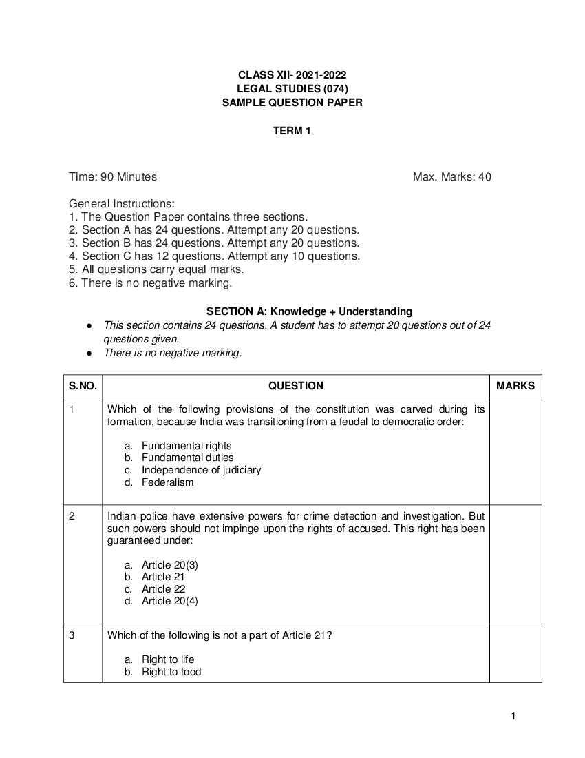 CBSE Class 12 Sample Paper 2022 for Legal Studies Term 1 - Page 1