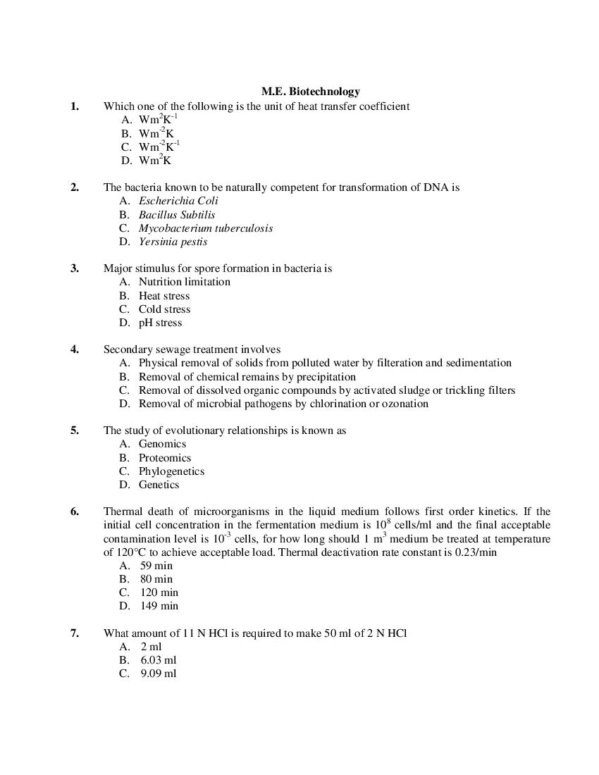 PU CET PG 2019 Question PaperM.E. Biotechnology - Page 1