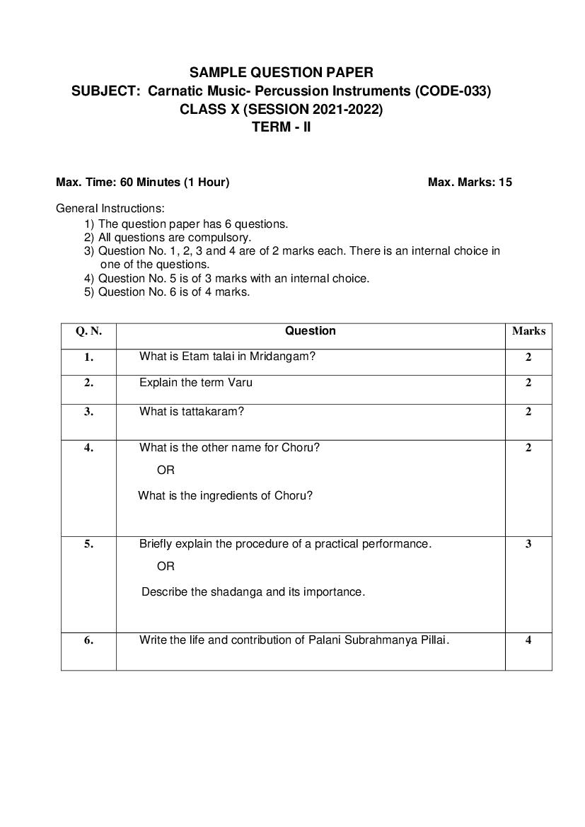 CBSE Class 10 Sample Paper 2022 for Carnatic Music Percussion Term 2 - Page 1