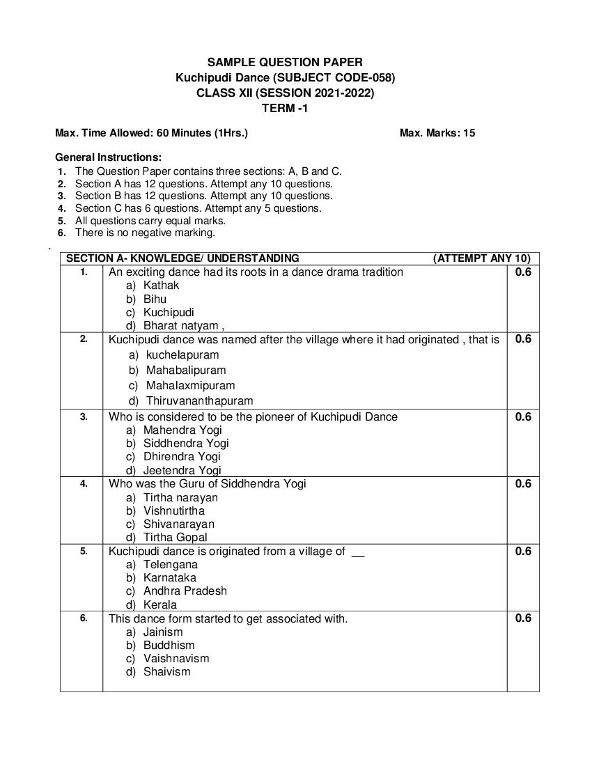 CBSE Class 12 Sample Paper 2022 For Khuchipudi Term 1