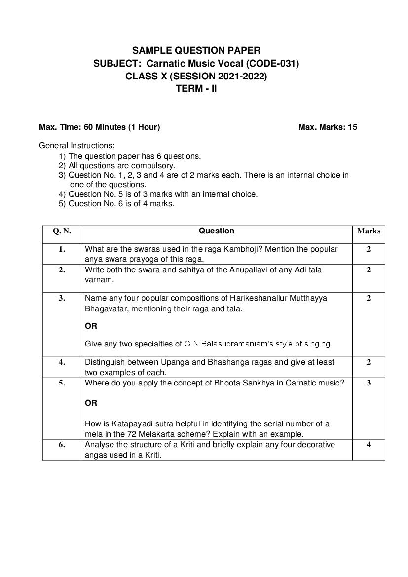 CBSE Class 10 Sample Paper 2022 for Carnatic Music Vocal Term 2 - Page 1