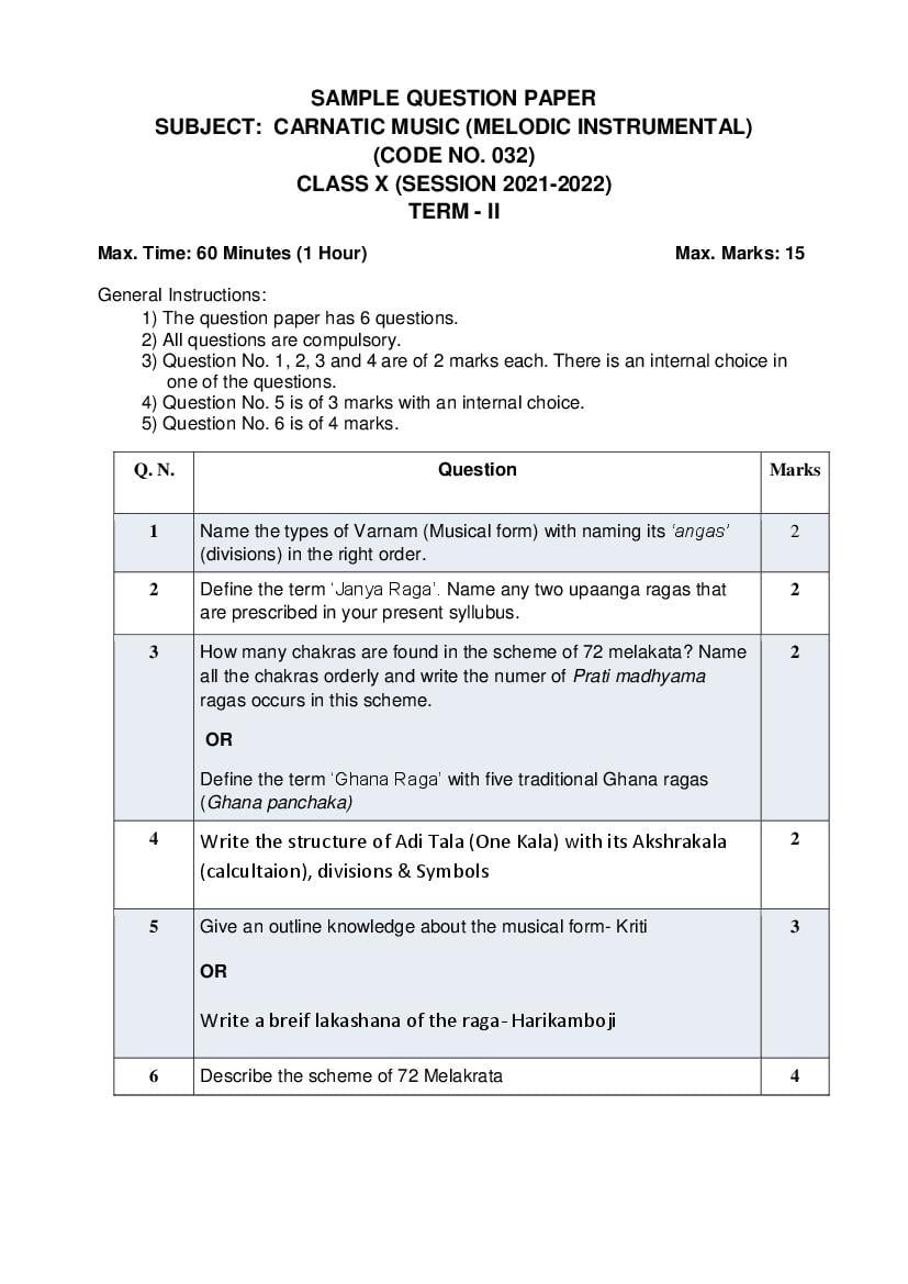 CBSE Class 10 Sample Paper 2022 for Carnatic Music Melodic Instrument Term 2 - Page 1