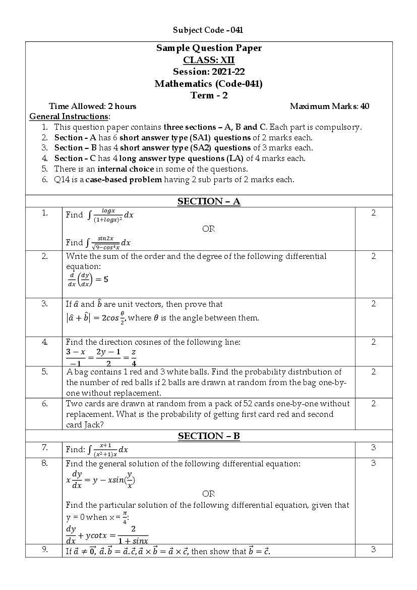 CBSE Class 12 Sample Paper 2022 for Maths Term 2 - Page 1