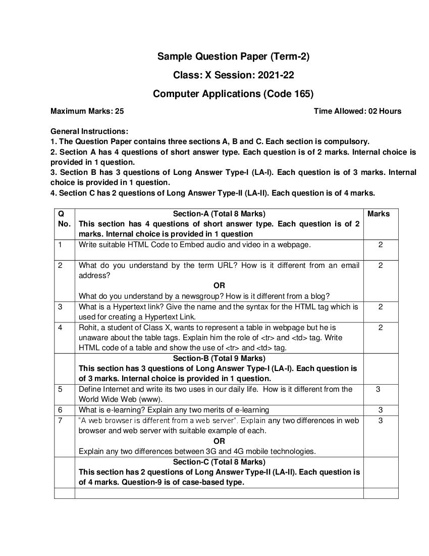 CBSE Class 10 Sample Paper 2022 for Computer Application Term 2 - Page 1