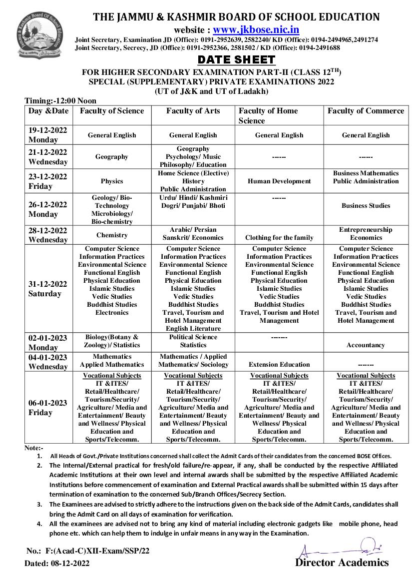 JKBOSE 12th Special (Supplementary) Private Exam Date Sheet 2022 - Page 1