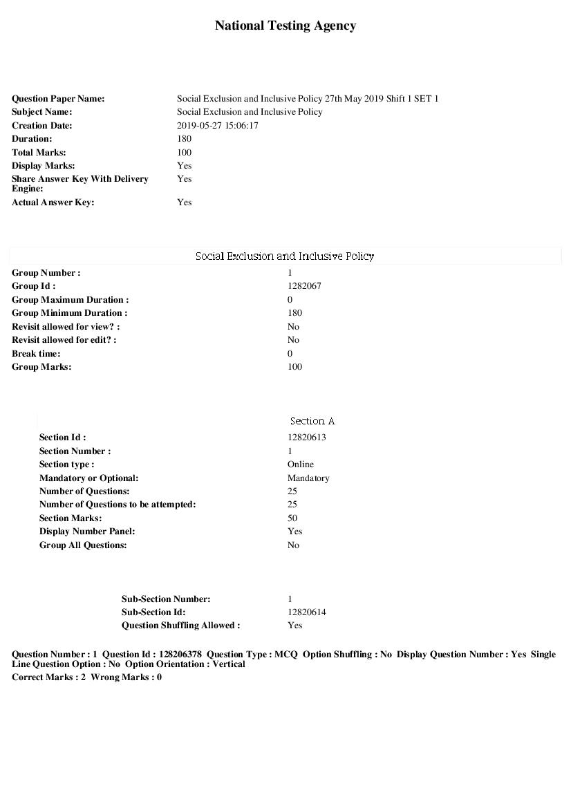 JNUEE 2019 Question Paper M.Phil Social Exclusion and Inclusive Policy - Page 1