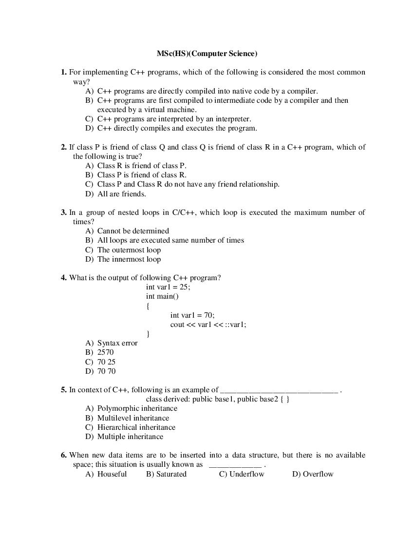 PU CET PG 2019 Question Paper MSc_HS__Computer Science_ - Page 1